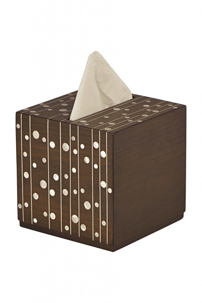 resized_Classic cube shaped wodden tissue box with mother pearl dots and line design made by Nada Debs in Lebanon, price; AED 638.