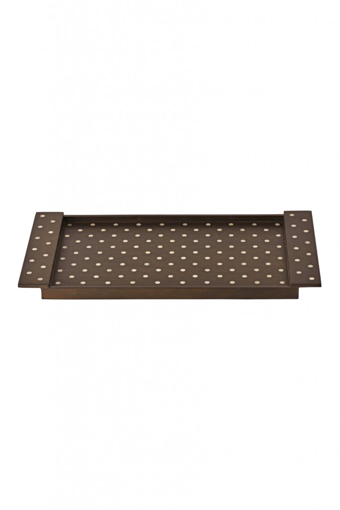 resized_Small size brown color wooden tray with mother of pearl dot design made by Nada Debs in Lebanon, price; AED 672.