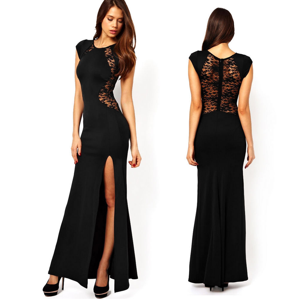 Fashion-Sexy-Women-Black-Lace-Knitting-Dress-Patchwork-Hollow-Back-Slim-Bodycon-Split-Side-Maxi-Casual