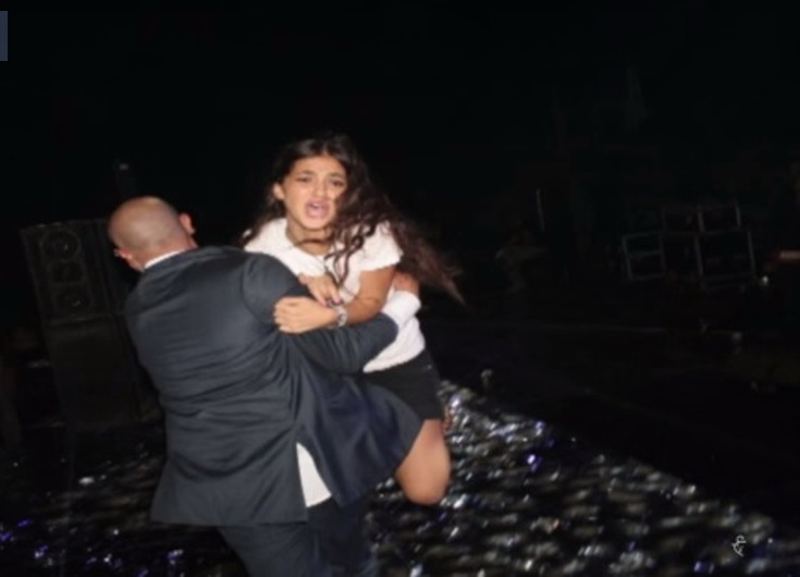 إحدى الفتيات المهووسات تحاول الوصول إلى النجم تامر حسني في إحدى حفلاته، حيث يبعدها أحد الحراس.