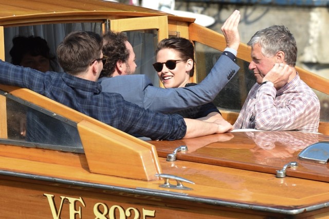 Kristen Stewart hops off a water taxi as she attends the 2015 Venice Film Festival **USA ONLY**