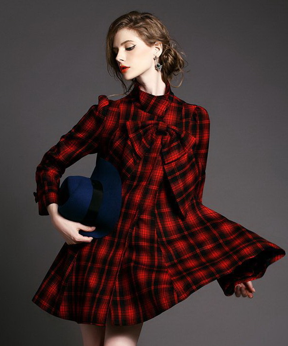 2015-fashion-Slim-plaid-Bow-Long-section-big-swing-dress-Woolen-Worsted-Maone-coats-Spring-and