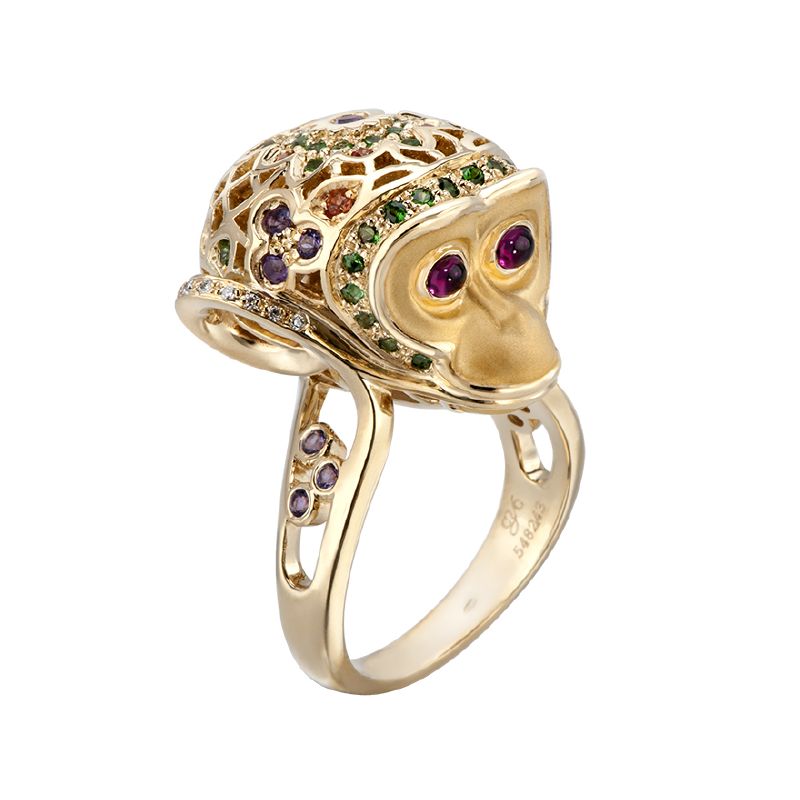 resized_DA12924 019925 Monkey ring in yellow gold, green tsavorites, orange saphires, amethyst and diamonds