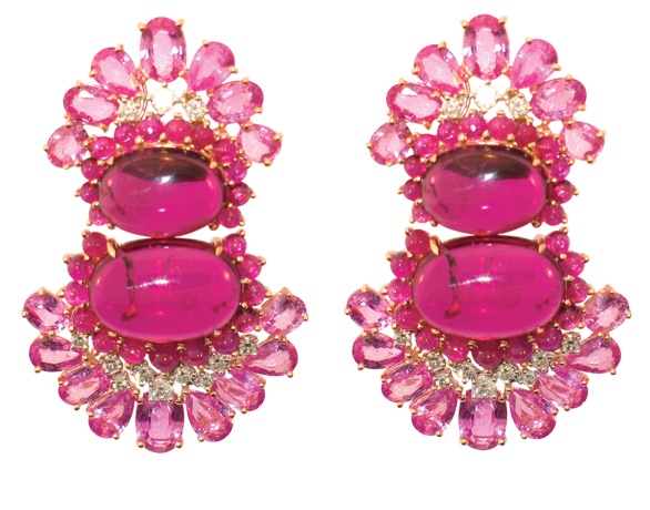 Rose gold, diamond, ruby, and pink sapphire earrings; Lorraine Schwartz,