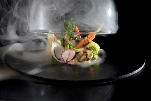 sha-smoked-mint-grilled-baby-vegetables-over-a-cream-of-mushrooms-walnuts-and-mirin-reduction