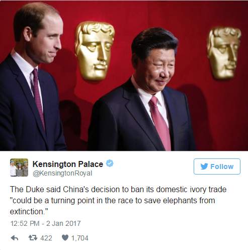 الأمير وليام يرحب بقرار الصين بحظر تجارة العاج