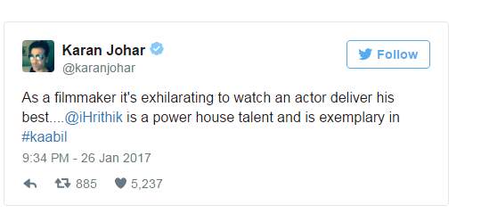 كاران جوهر يثني على أداء هريثيك روشان في فيلم Kaabil