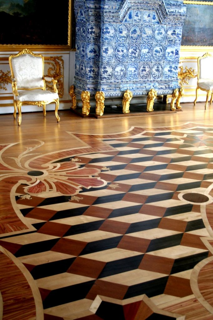 Parquet floor and Delft tile  fireplace