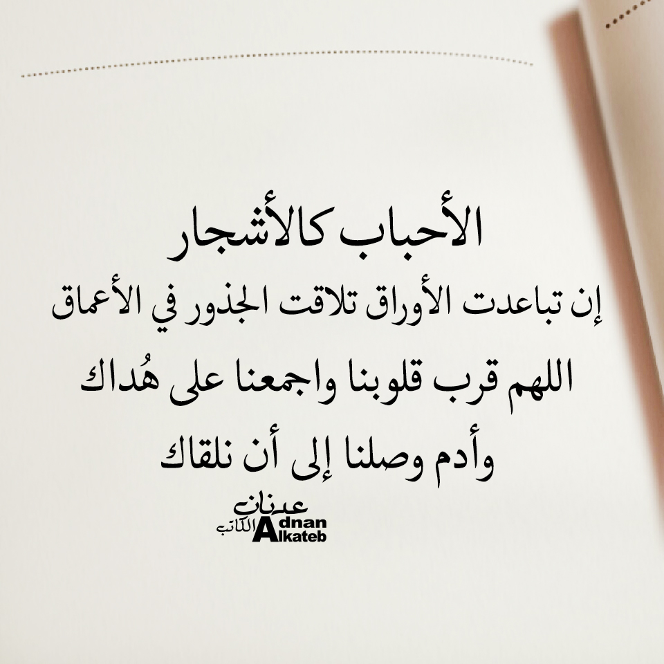 الأحباب كالأشجار إن تباعدت الأوراق تلاقت الجذور في الأعماق اللهم قرب قلوبنا واجمعنا علي هداك وأدم وصلنا إلي أن نلقاك