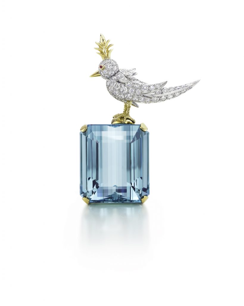 Bird on a Rock brooch with an emerald-cut aquamarine set in 18 karat yellow gold and platinum by Jean Schlumberger for Tiffany & Co.