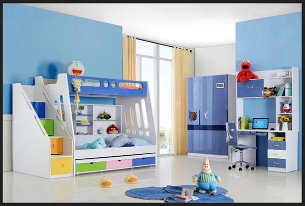 احدث اشكال غرف نوم اطفال بسريرين ودولاب