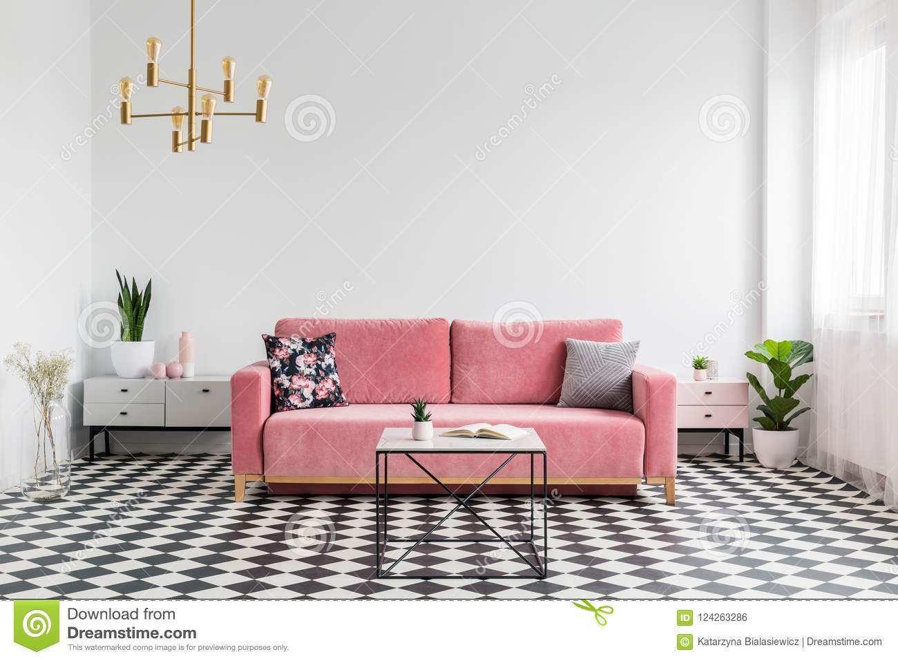 real-photo-modern-living-room-interior-checkered-flo-floor-pink-couch-coffee-table-empty-white-wall-place-your-124263286
