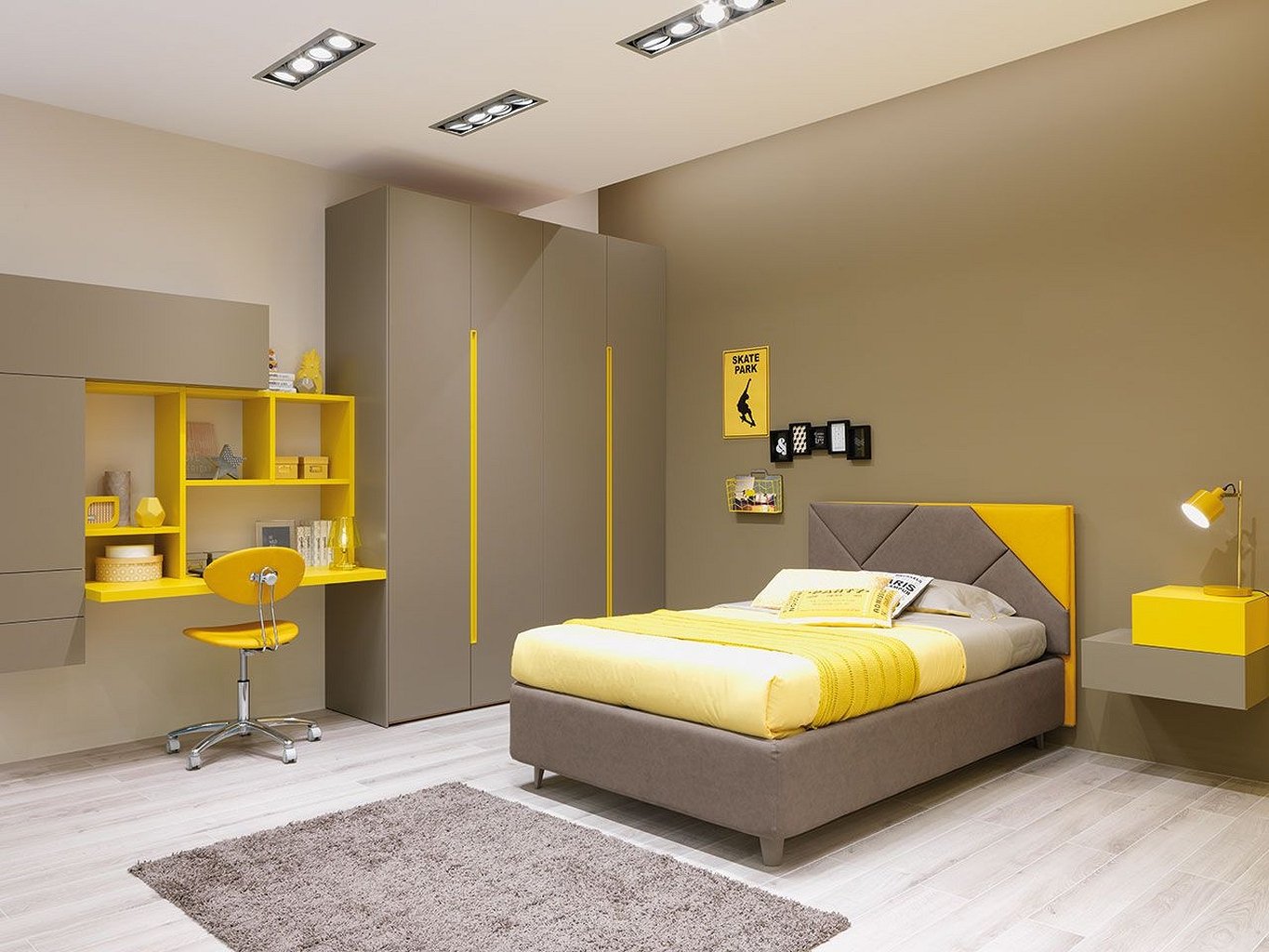غرفة نوم شباب باللونين الرمادي والاصفر