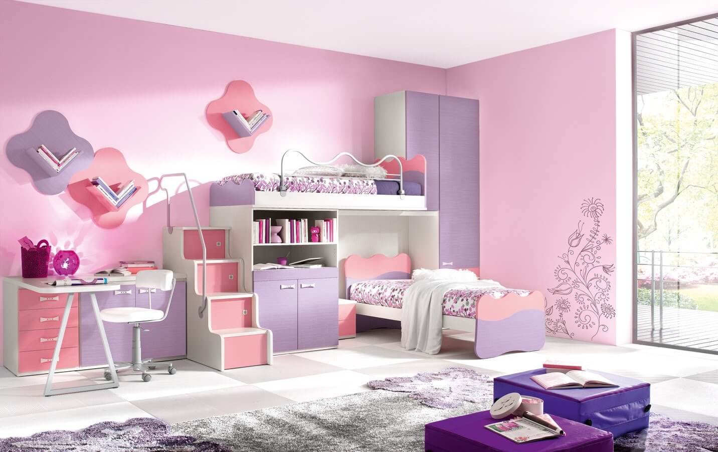 غرفة نوم أطفال باللون البمبي والموف اختيار مثالي للفتيات