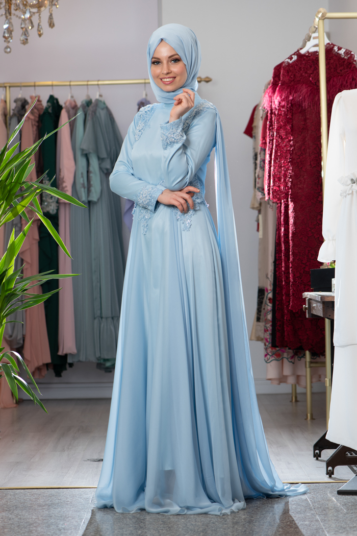 فستان شيفون تركي باللون الازرق الفاتح