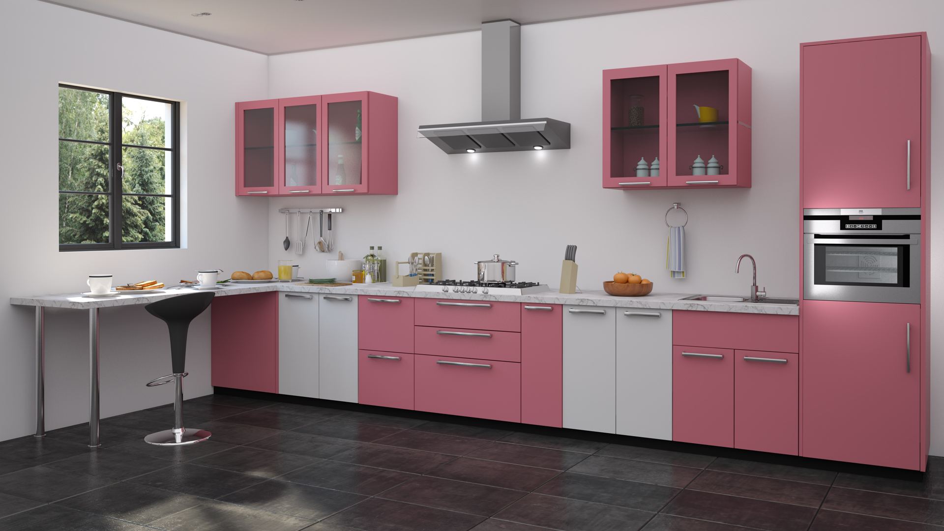 أحدث تصميمات المطابخ باللون الوردي والابيض
