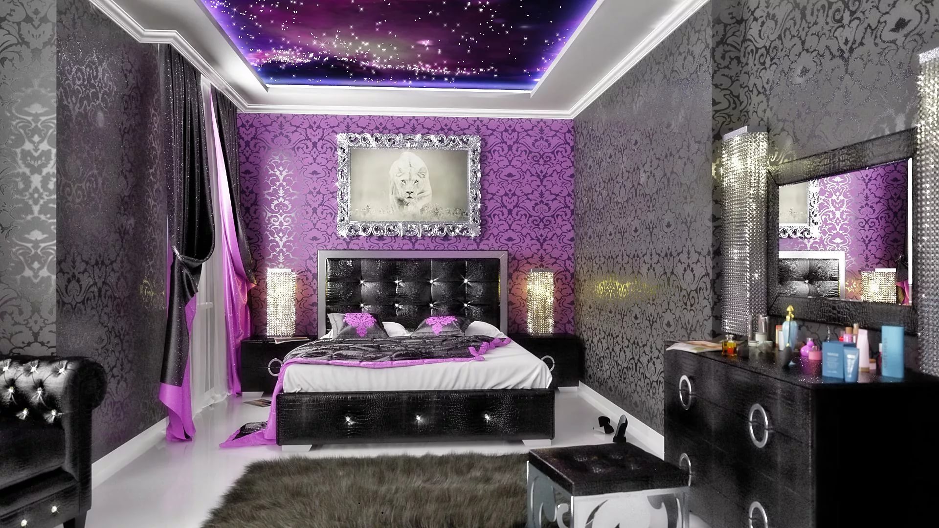 جدران بنفسجي وفضي لغرفة النوم