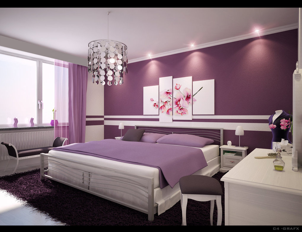 ديكور غرفة نوم مزينة بورق حائط من اللون البنفسجي