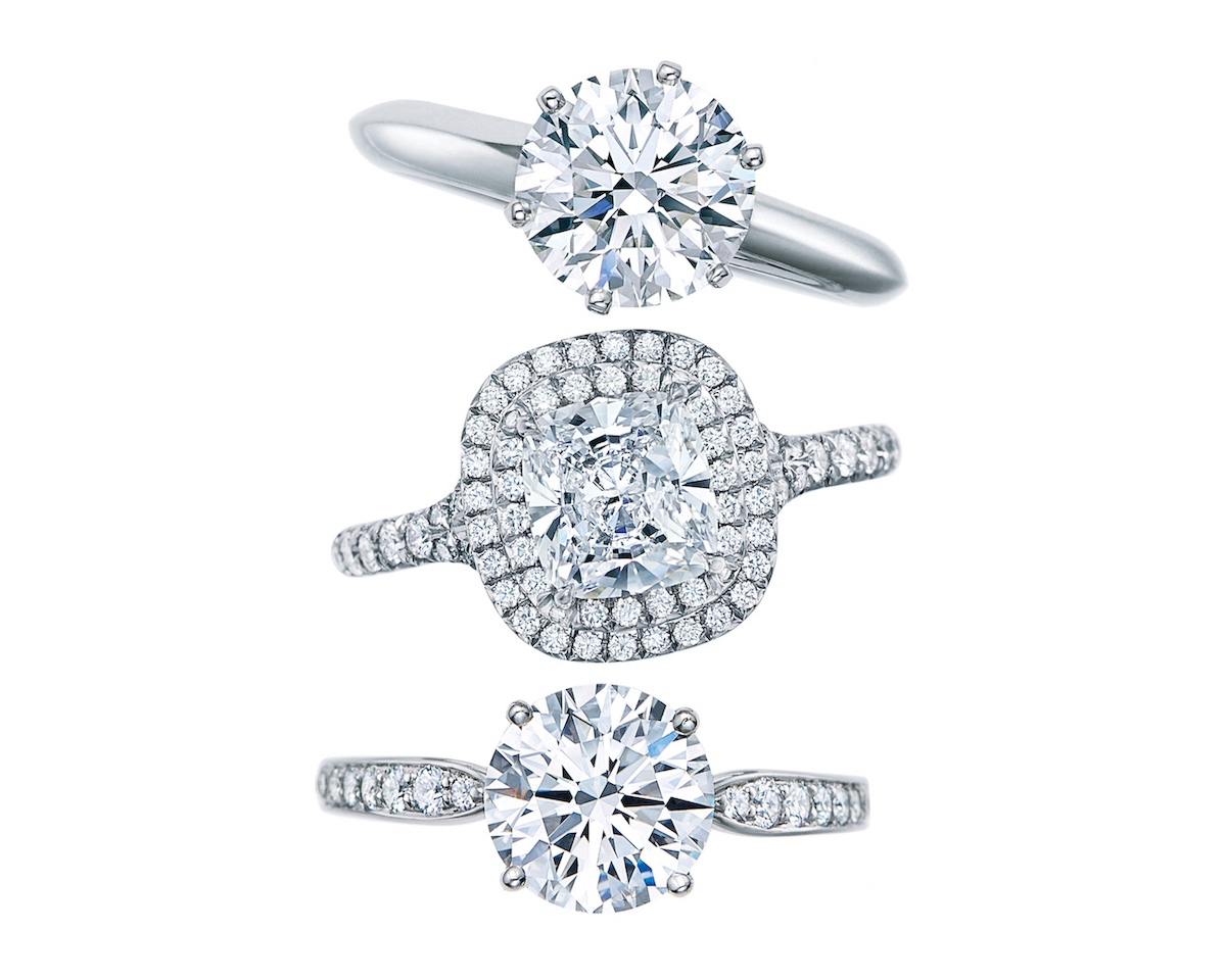 The Tiffany® Setting, Tiffany Soleste®, and Tiffany Harmony™ with a bead set band.