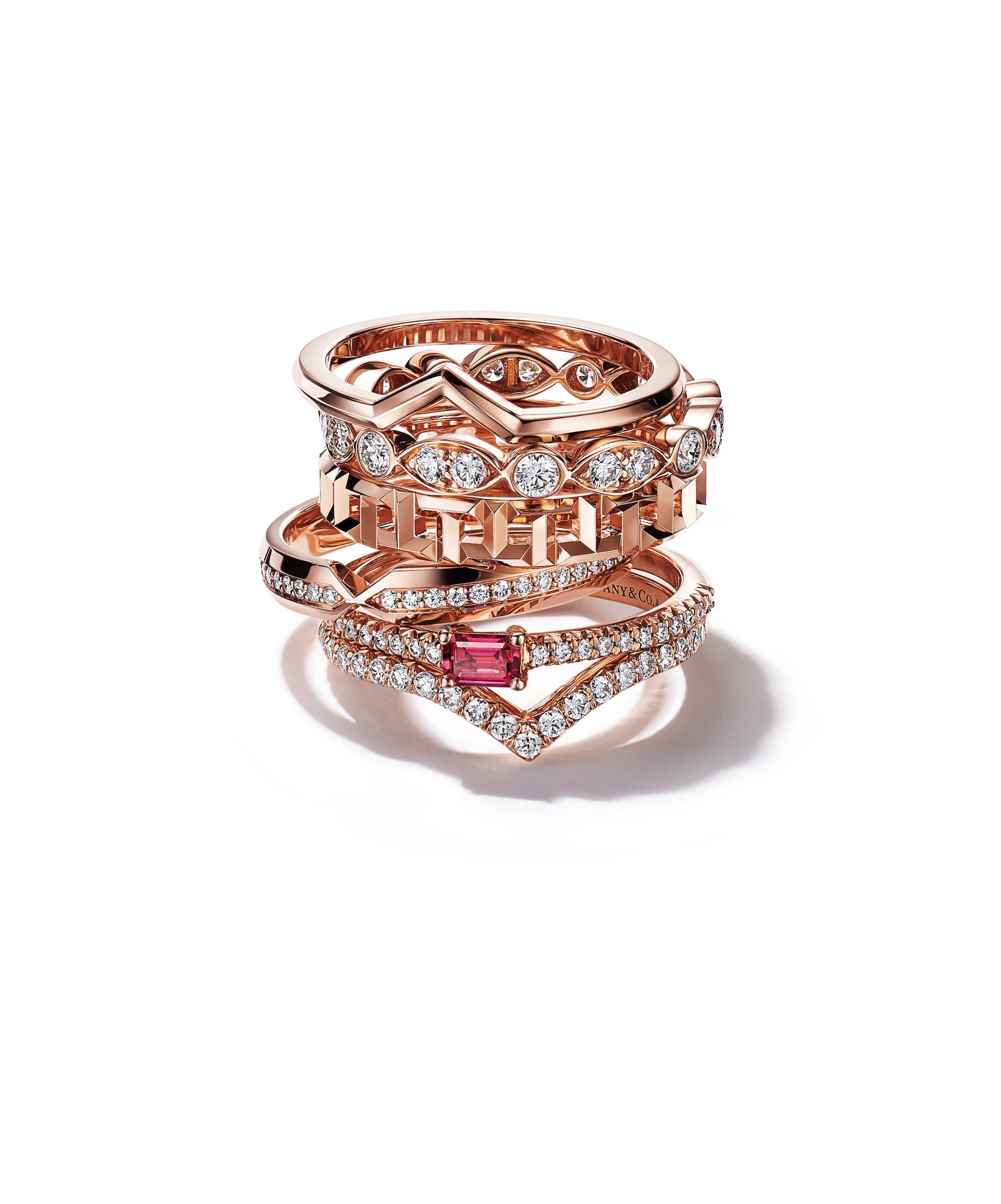 Tiffany & Co. diamond and ruby rings in rose gold